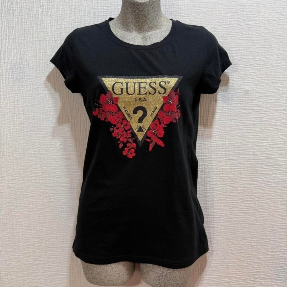 Guess Tee Women's Size M Black‎ Crew Neck Short Sleeve Floral Glitters Goth